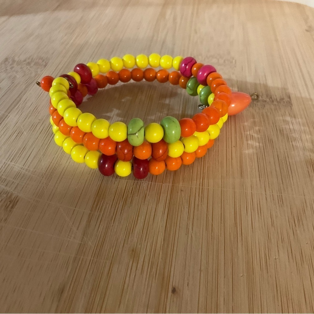 Hand Crafted Colorful Beaded Wrap Charm Bracelet Yellow Lime Orange Red Magenta